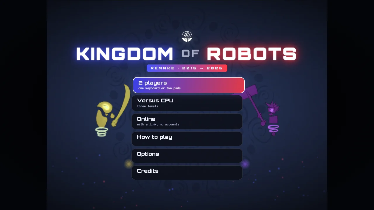 The title screen of the Kingdom of Robots remake: the glowing title, the Steve Aragon SA logo, the menu, and two of the six robots on its sides