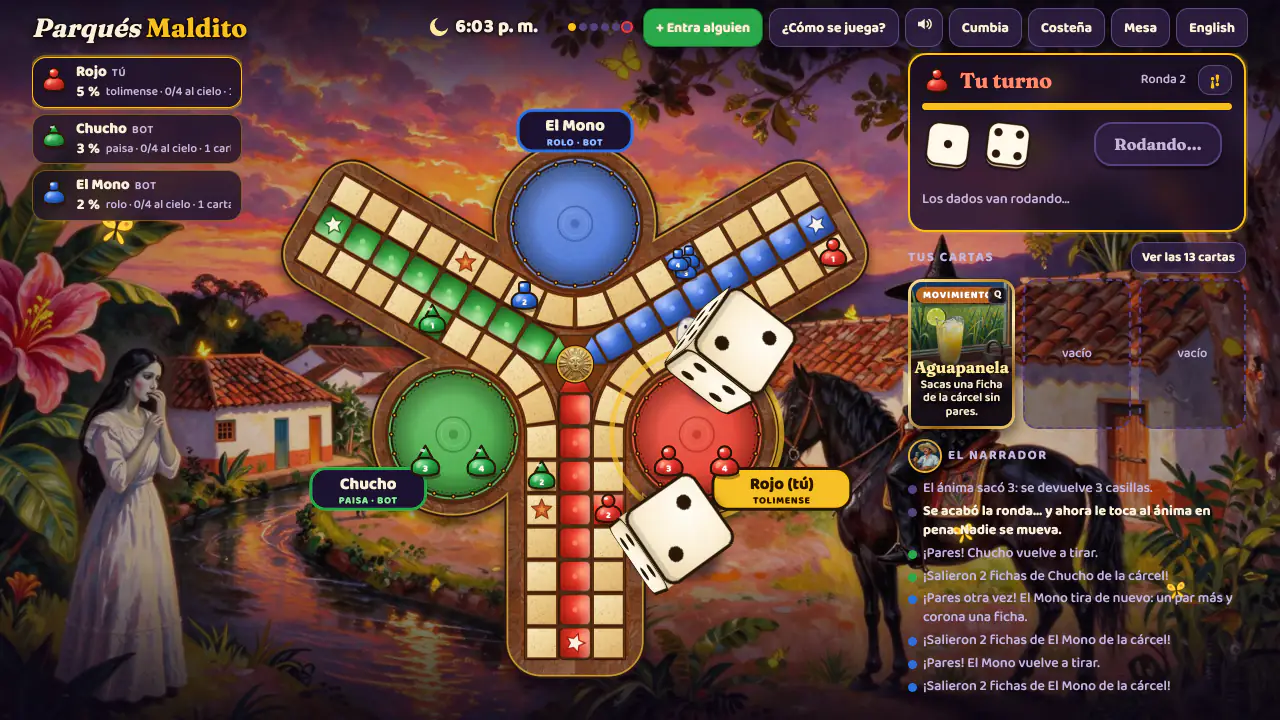 Parqués Maldito: two dice rolling across a three-armed parqués board in a painted Colombian village at dusk, with the turn panel, a card and the narrator beside it