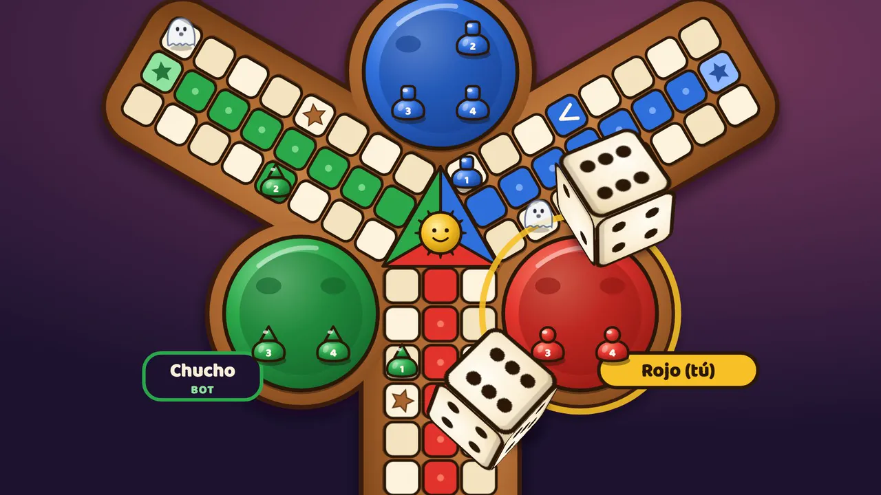 Parqués Maldito: a three-armed parqués board with tokens in the jails and two dice rolling across it